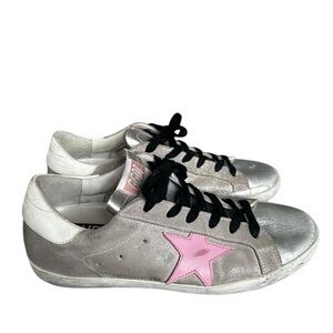 Golden Goose Silver Sneakers with Pink Star Accent womens 8